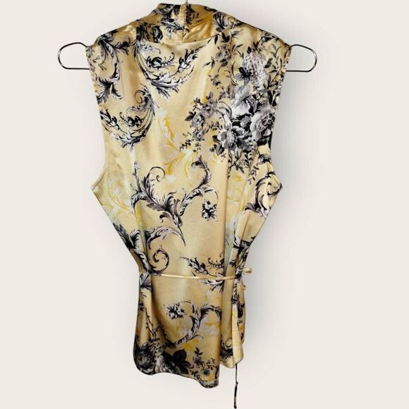 Vintage St John Collection Sleeveless Wrap Top Yellow Black Floral Print Size 10 - Picture 2 of 11